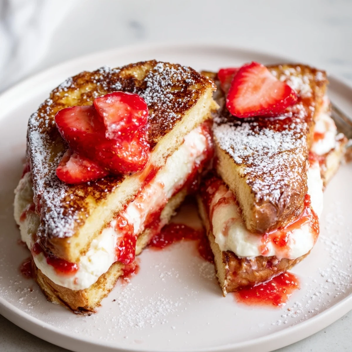 Cream Cheese Stuffed French Toast With Strawberry Drizzle, golden crispy edges and steam