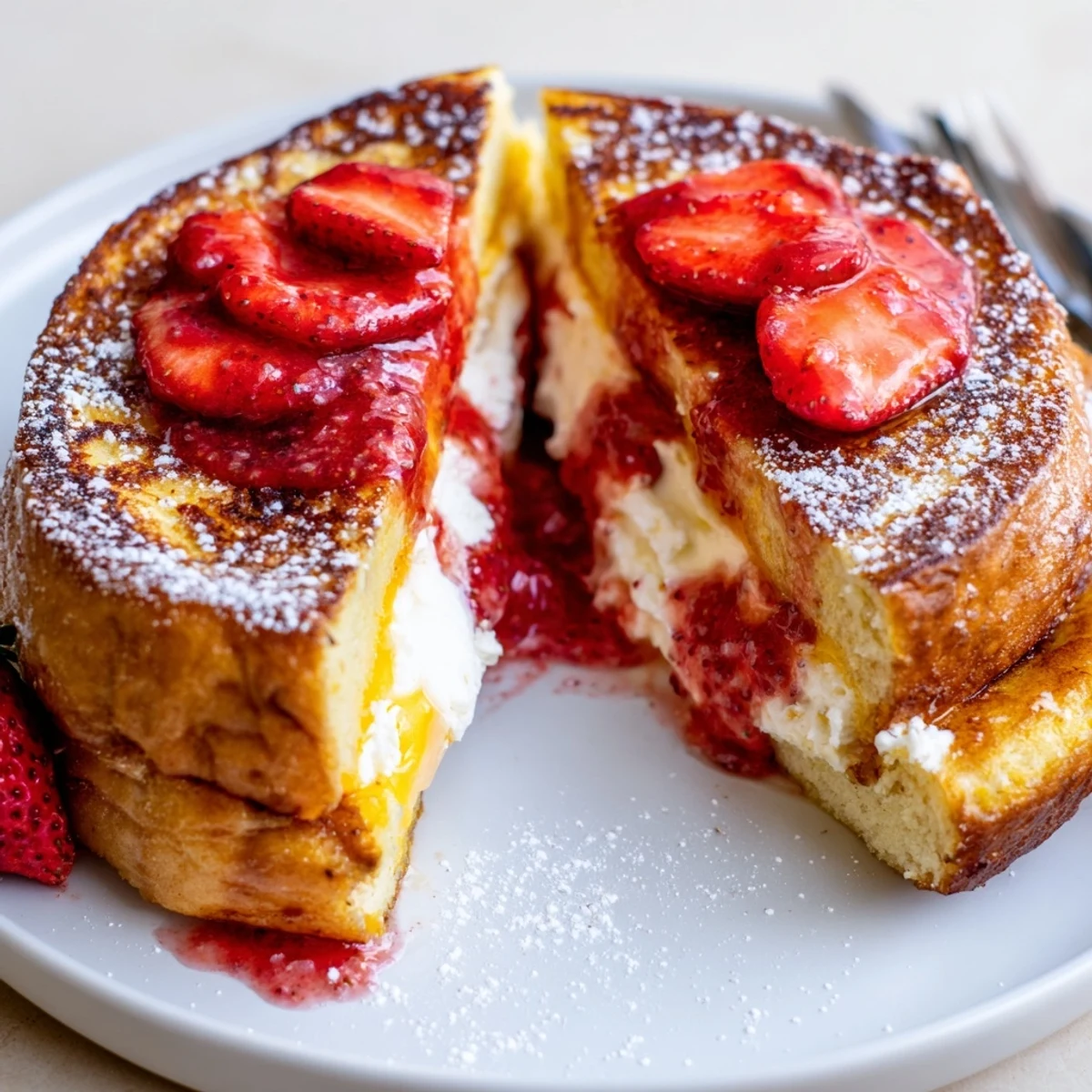 Stacked slices of Cream Cheese Stuffed French Toast With Strawberry Drizzle, fresh strawberries