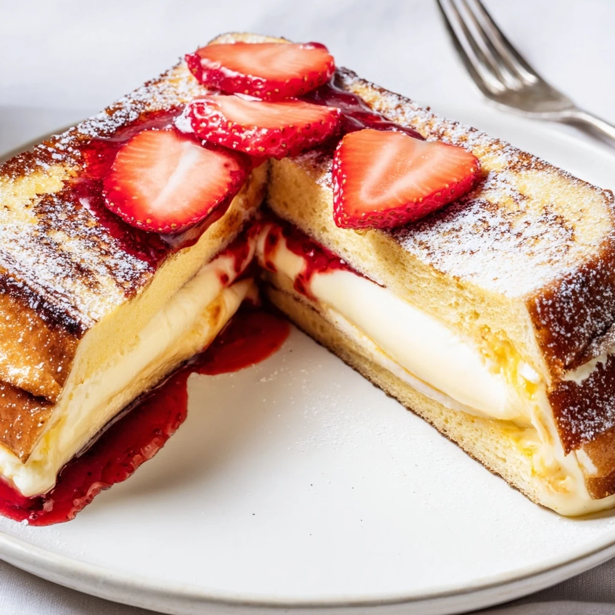 Warm Cream Cheese Stuffed French Toast With Strawberry Drizzle, powdered sugar garnish