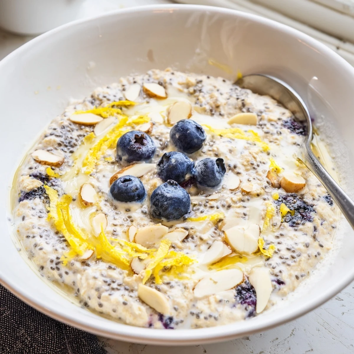 Creamy Blueberry Lemon Overnight Oats in jar, topped with zesty lemon zest
