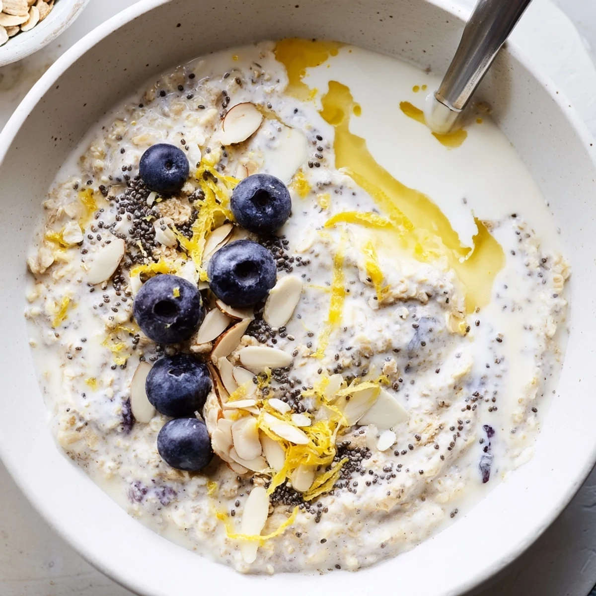 Make-ahead Blueberry Lemon Overnight Oats served with a spoon, bright citrus aroma