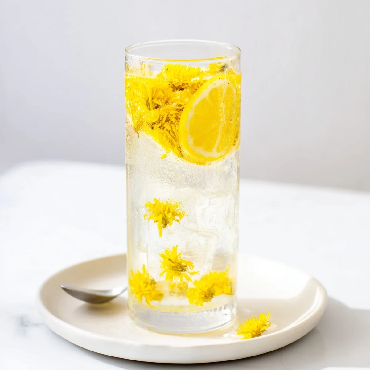 Homestyle Dandelion Lemonade Recipe steeped with floral notes, served over ice