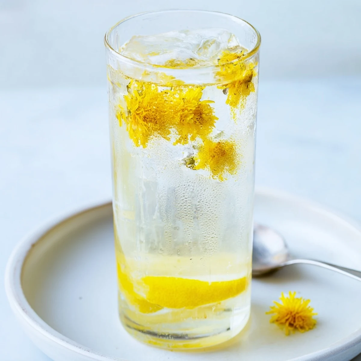 Dandelion Lemonade Recipe chilling in pitcher, bright lemon slices and ice