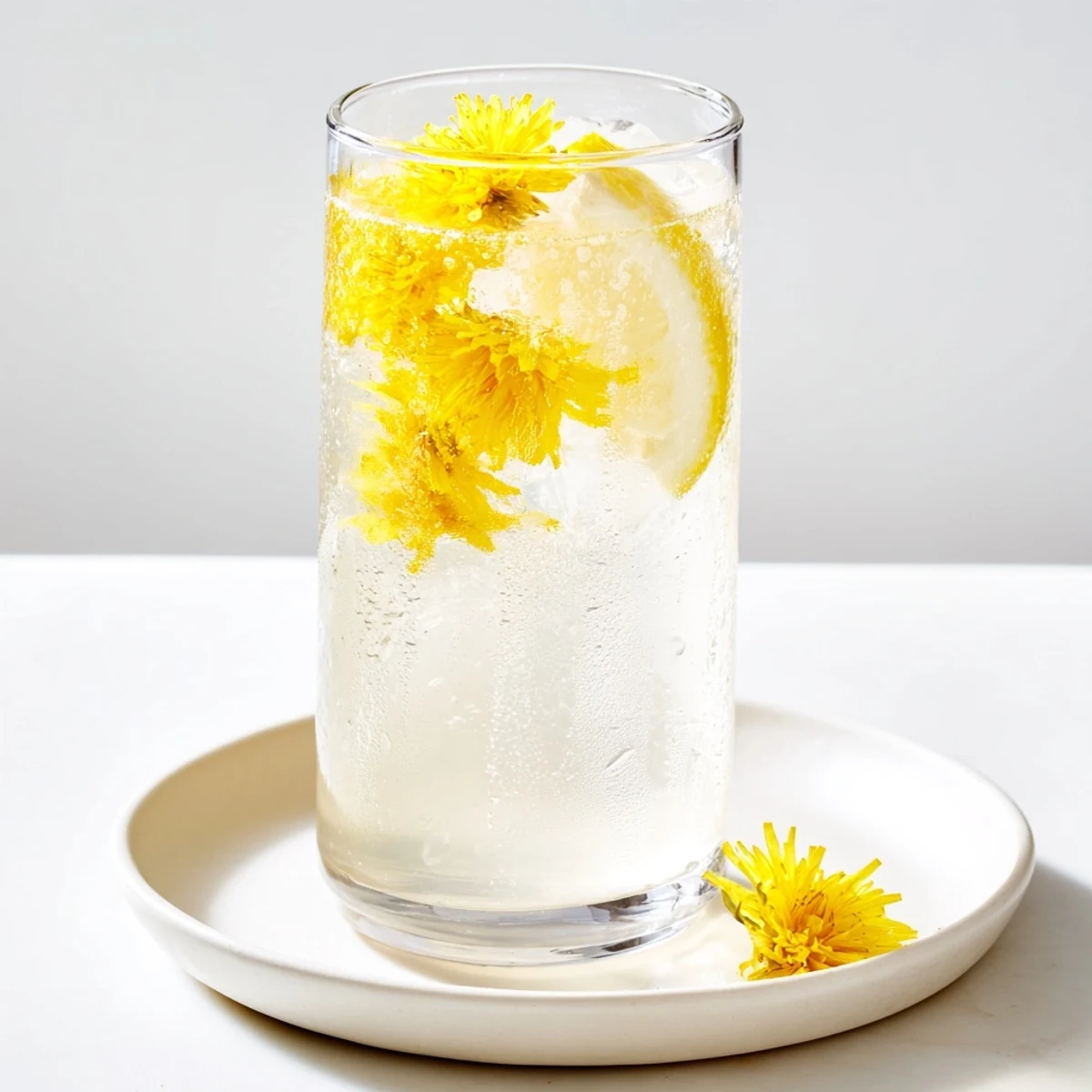 Sunlit glass of Dandelion Lemonade Recipe garnished with petals and mint