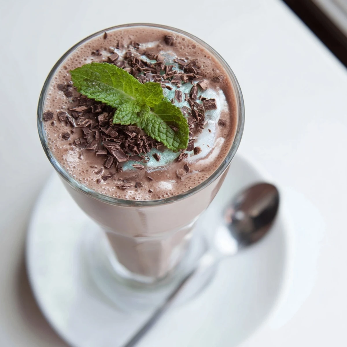 Chilled Peppermint Protein Shake Recipe topped with dark chocolate shavings, mint