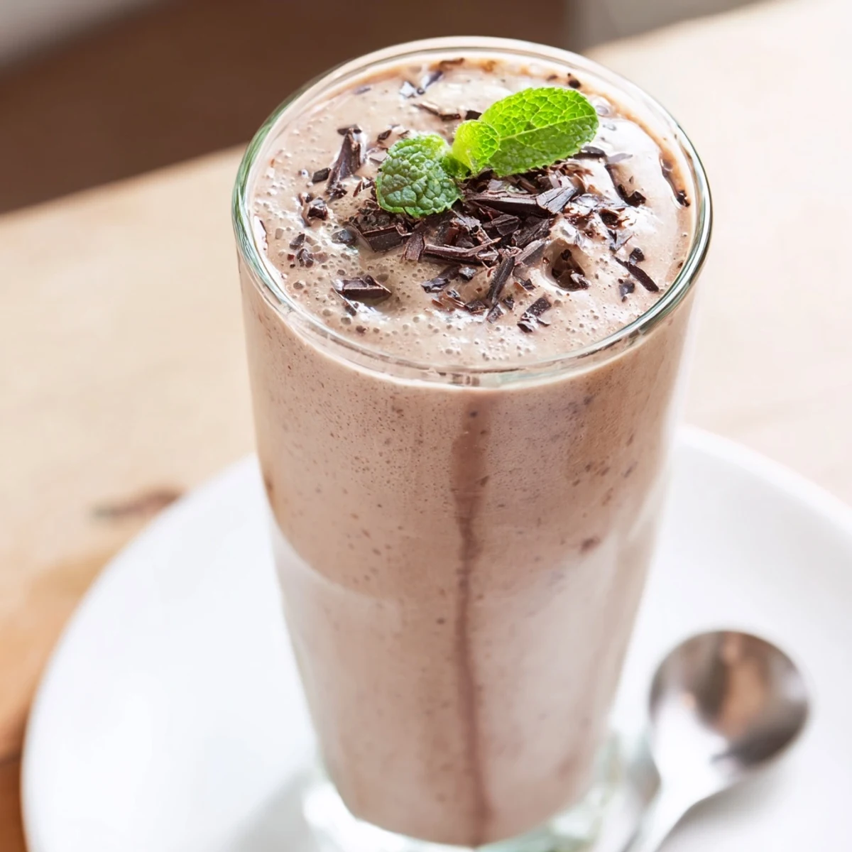 Peppermint Protein Shake Recipe: frothy, cool, creamy drink in tall glass