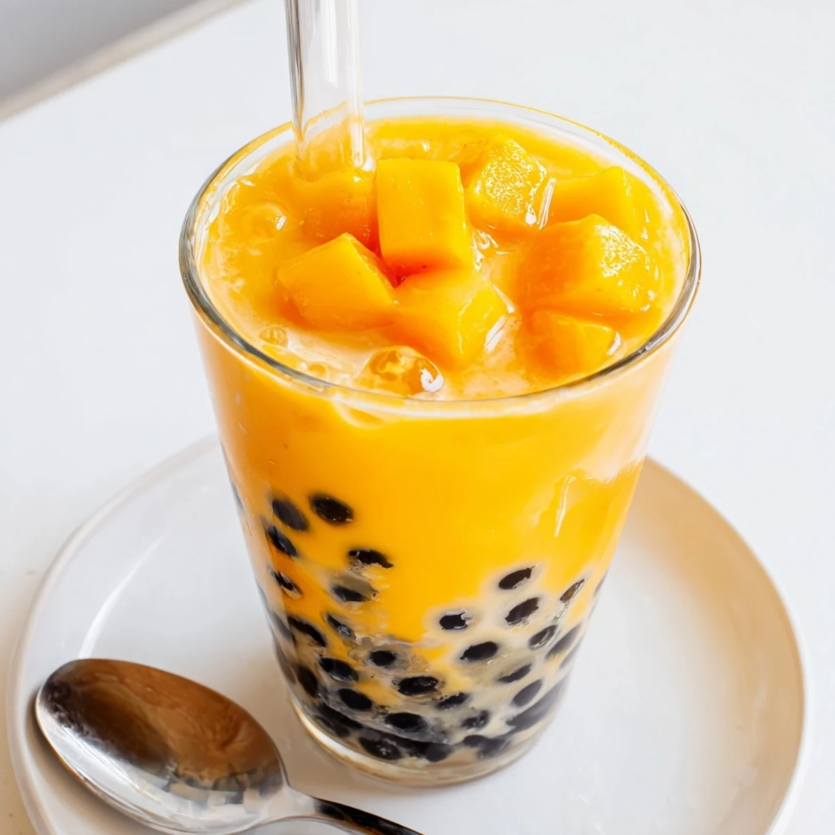 Chilled Mango Milk Boba Tea layered with creamy milk and fresh mango