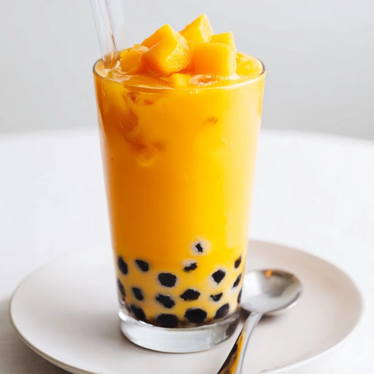 Mango Milk Boba Tea with glossy black tapioca pearls and crushed ice
