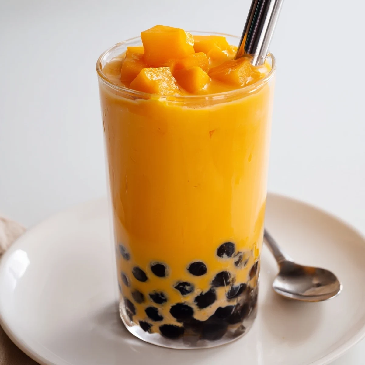 Homemade Mango Milk Boba Tea topped with chewy pearls and sweet aroma