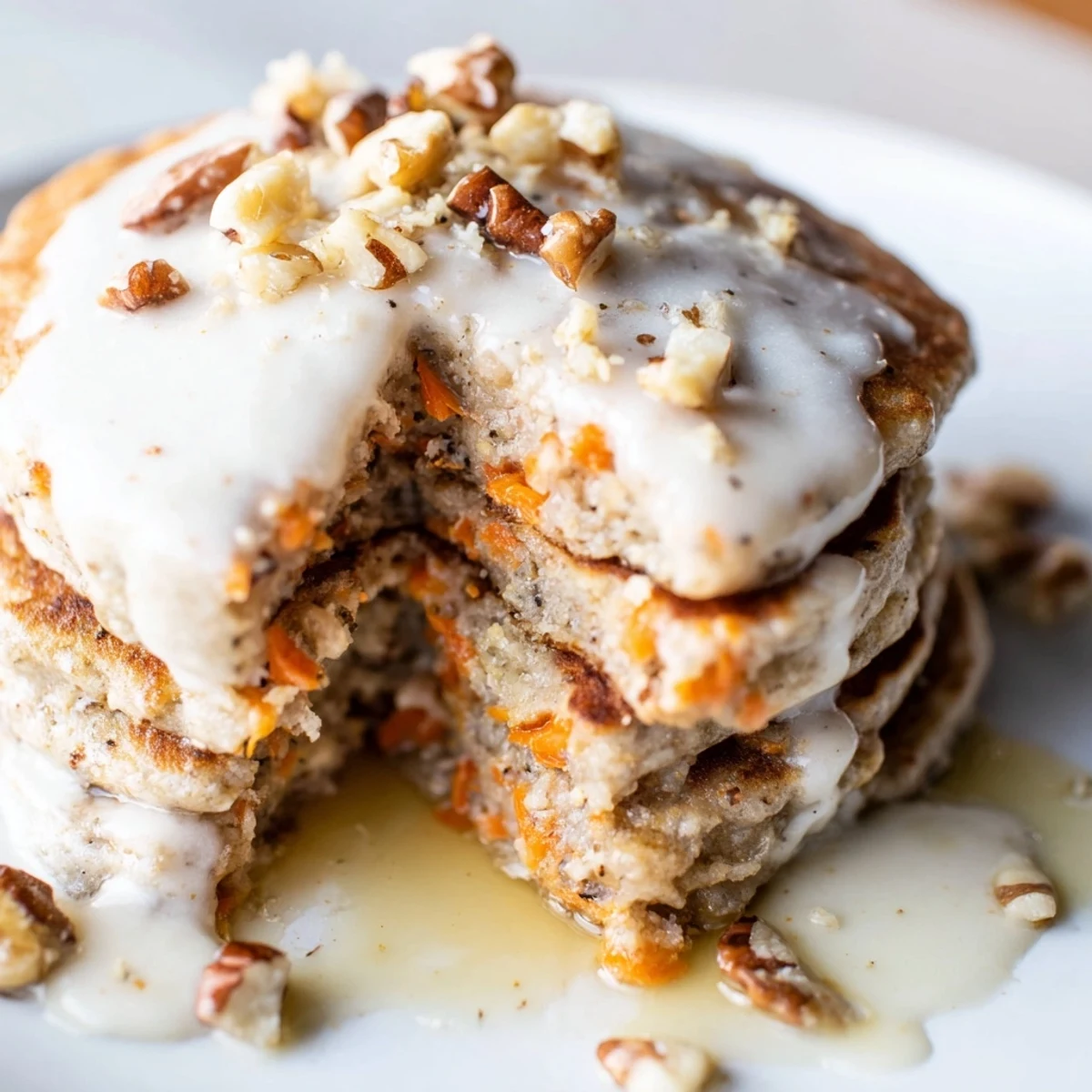 Golden brown carrot cake pancakes with cream cheese glaze drizzle and orange zest garnish