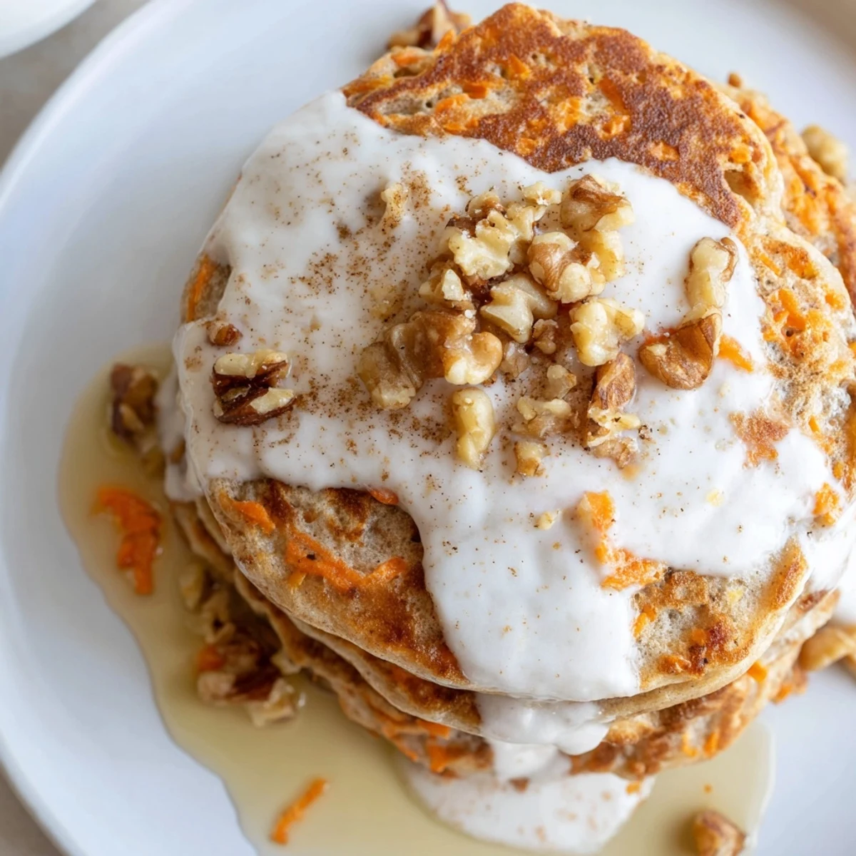 Stack of fluffy carrot cake pancakes topped with maple syrup, chopped walnuts, and grated carrots