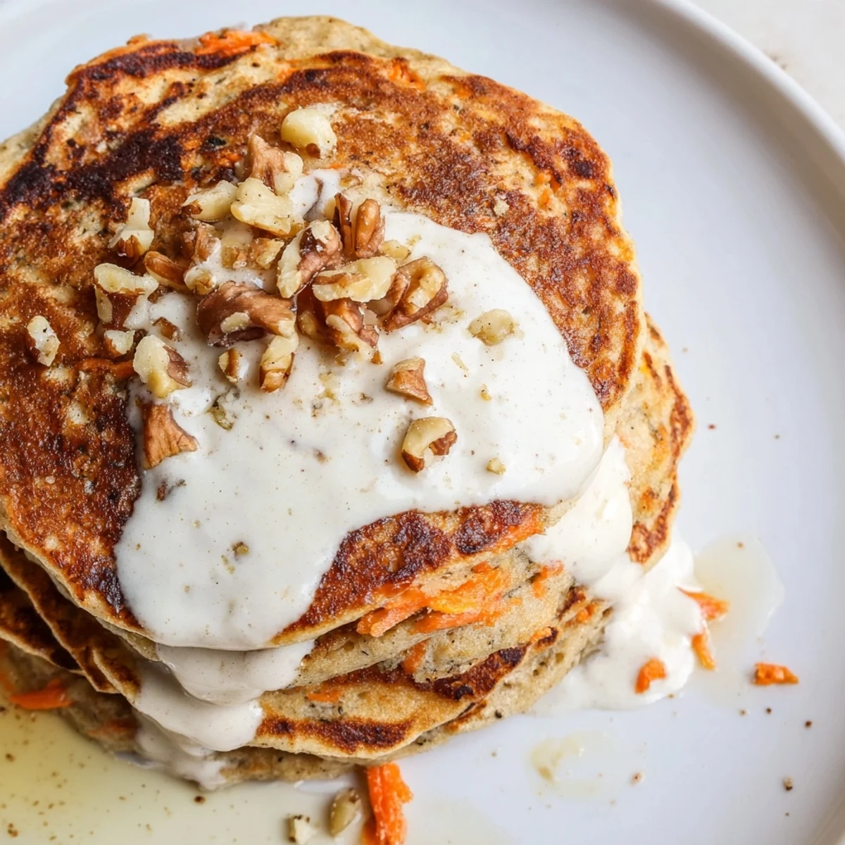 Plate of warm spiced carrot cake pancakes served with fresh berries and extra pecans