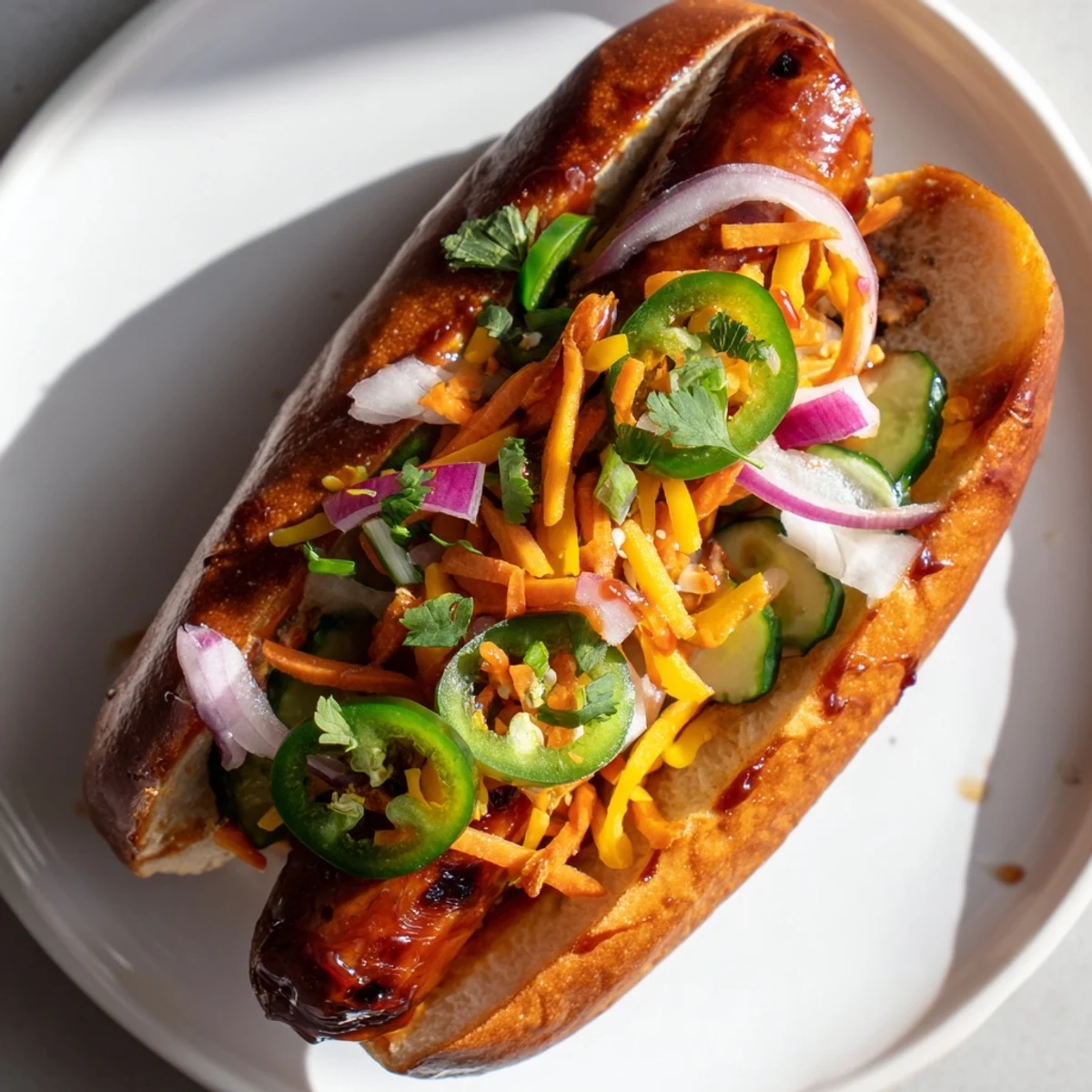 Grilled Spicy Firecracker Hot Dogs topped with melted cheddar, jalapeños, and fresh cilantro in toasted buns