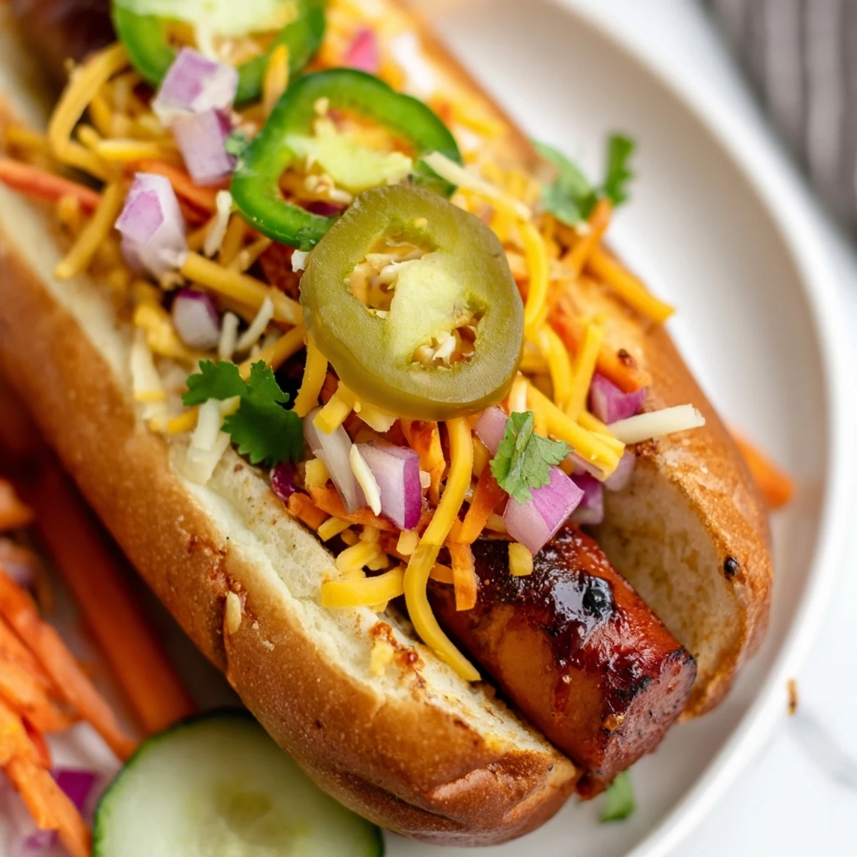 Charred Spicy Firecracker Hot Dogs drizzled with spicy chili marinade and crunchy vegetable toppings on a plate