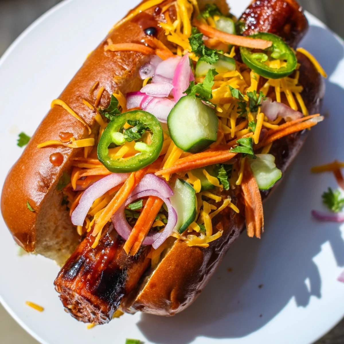 Spicy Firecracker Hot Dogs sizzling on the grill with caramelized glaze and colorful julienned vegetables