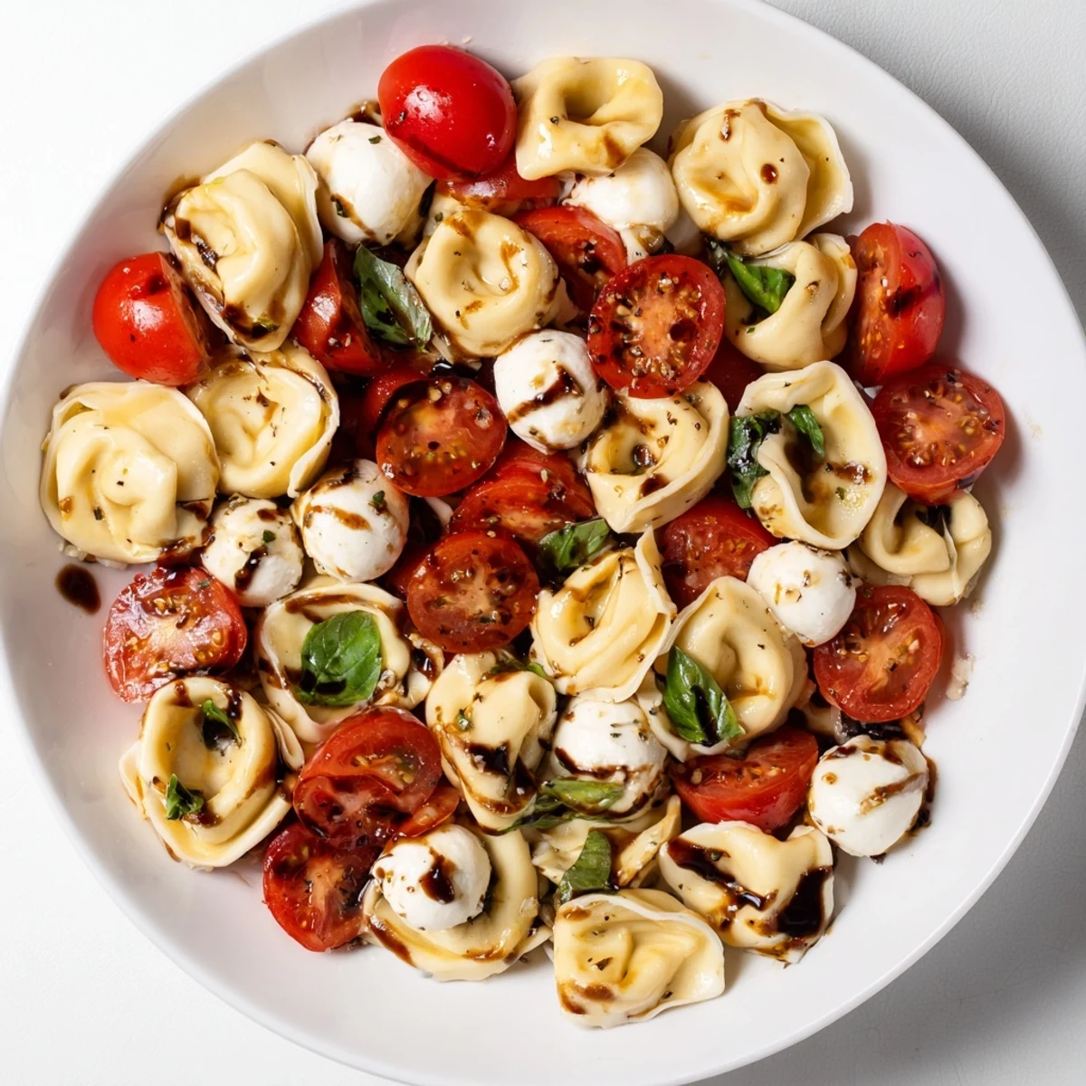 Close-up of Italian tortellini Caprese salad featuring mozzarella pearls, halved cherry tomatoes, and torn basil in olive oil dressing