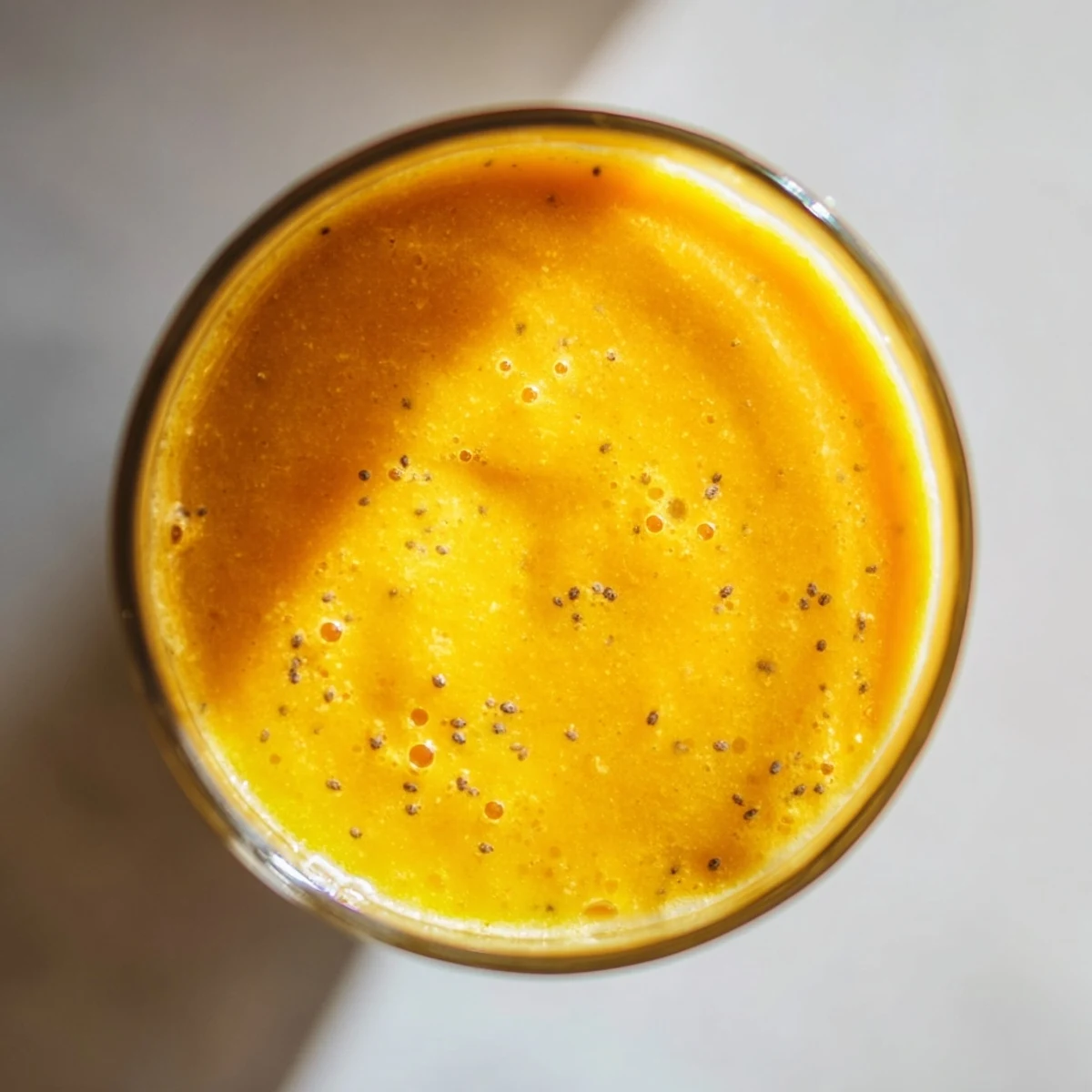Thick Tropical Sunrise Protein Smoothie featuring mango pineapple and banana blend topped with fresh fruit