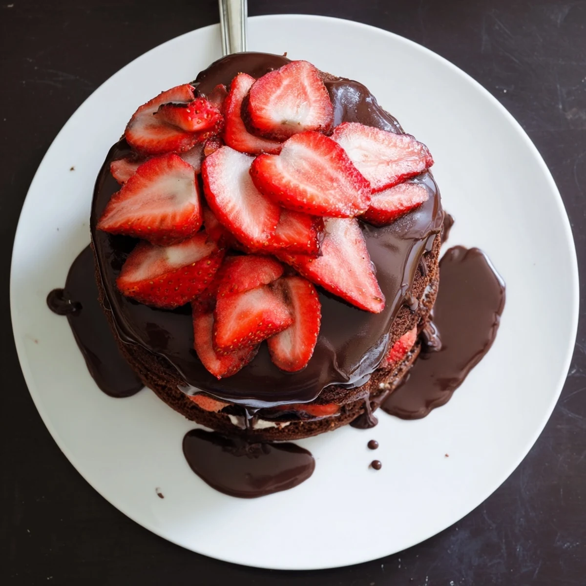 Decadent strawberry chocolate cake recipe showcasing layered chocolate sponge with fresh strawberries and glossy ganache dripping down sides