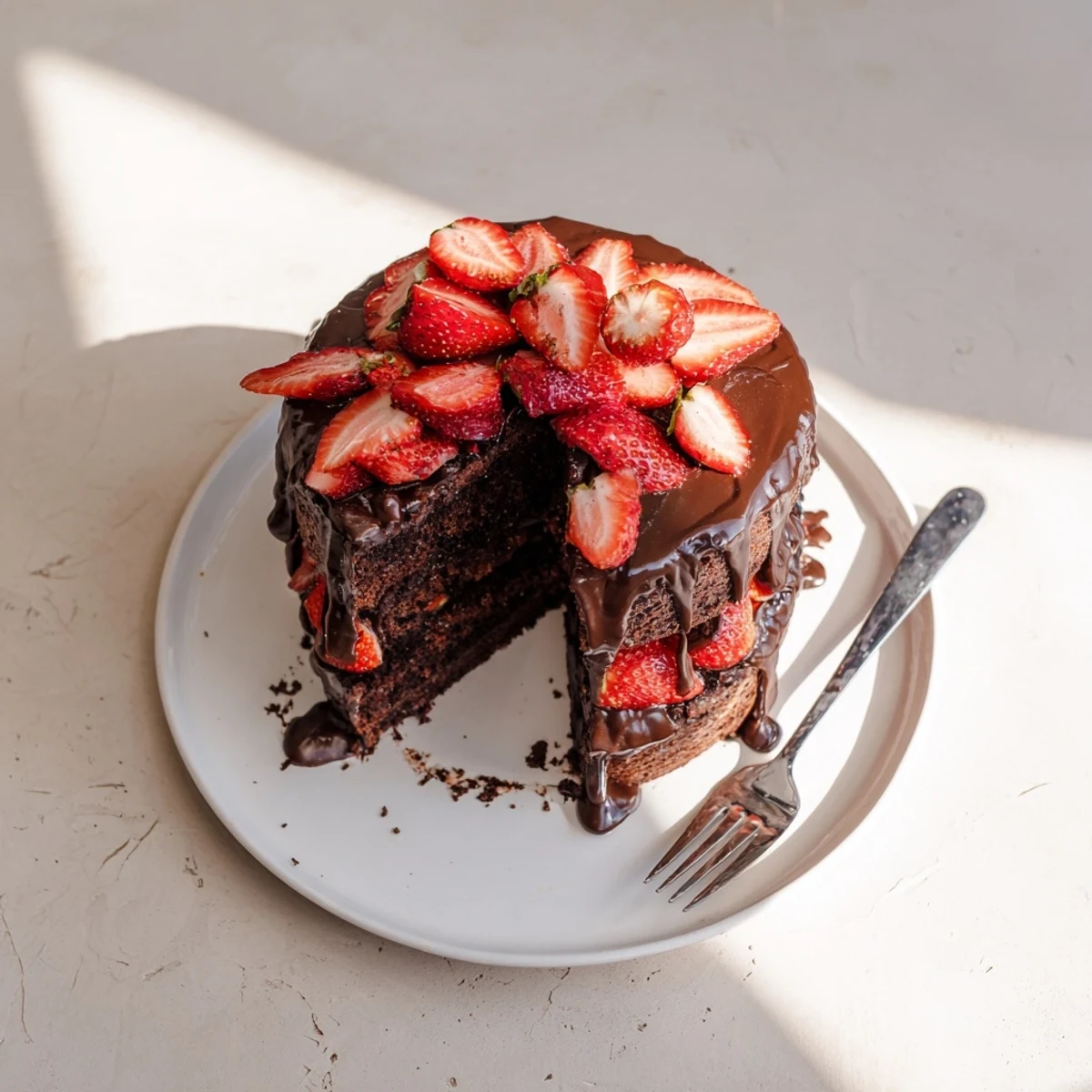 Beautiful slice of strawberry chocolate cake recipe revealing moist chocolate layers with strawberry filling and ganache frosting