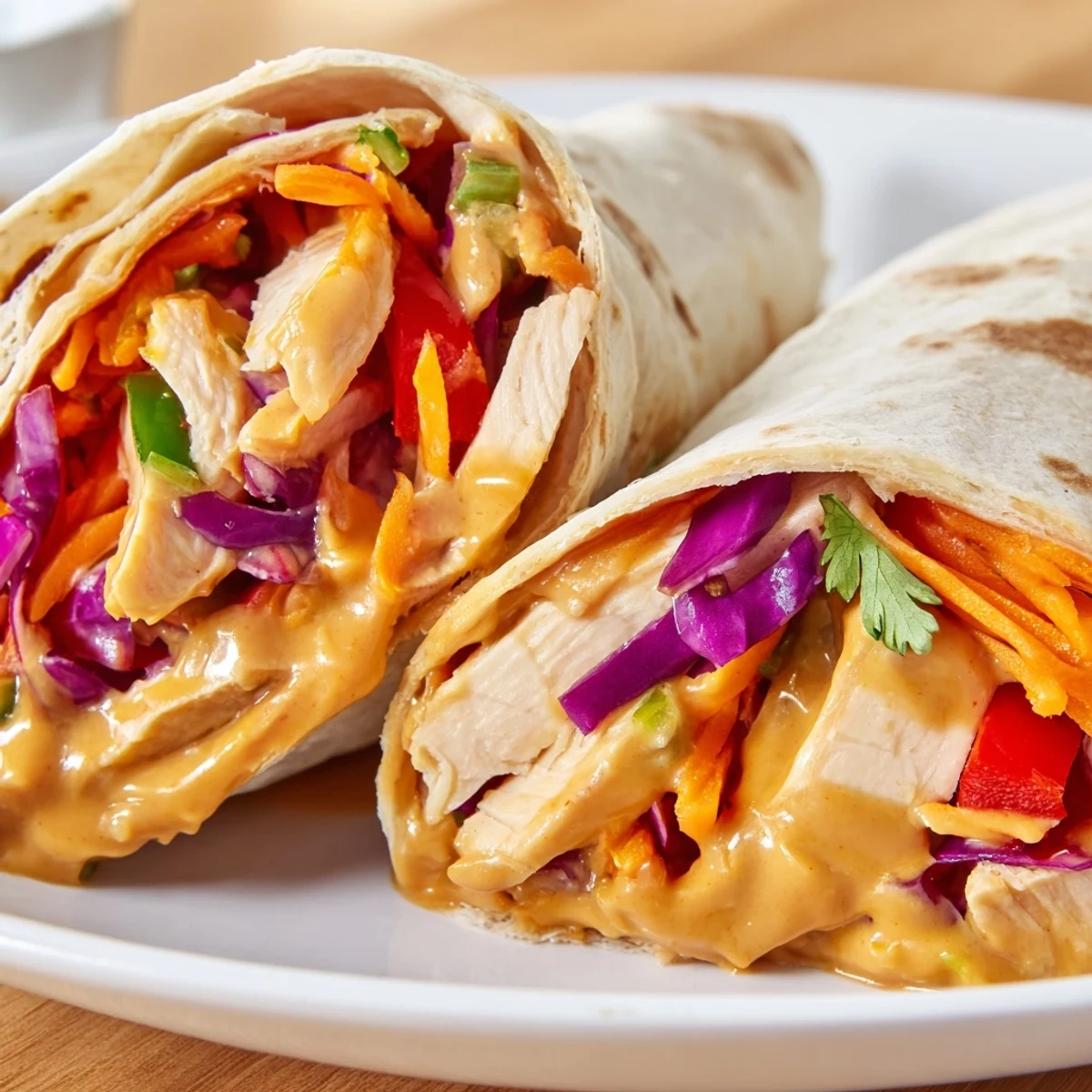 Freshly sliced Thai peanut chicken wrapped in flour tortilla with colorful shredded vegetables and creamy peanut sauce drizzle