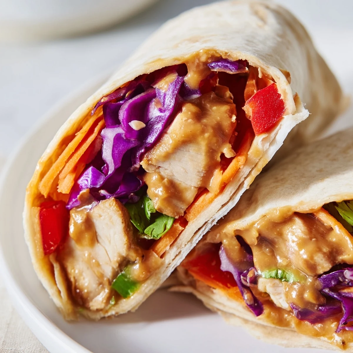 Golden brown chicken strips piled on warm tortilla with crisp cabbage carrots and rich Thai peanut sauce topping