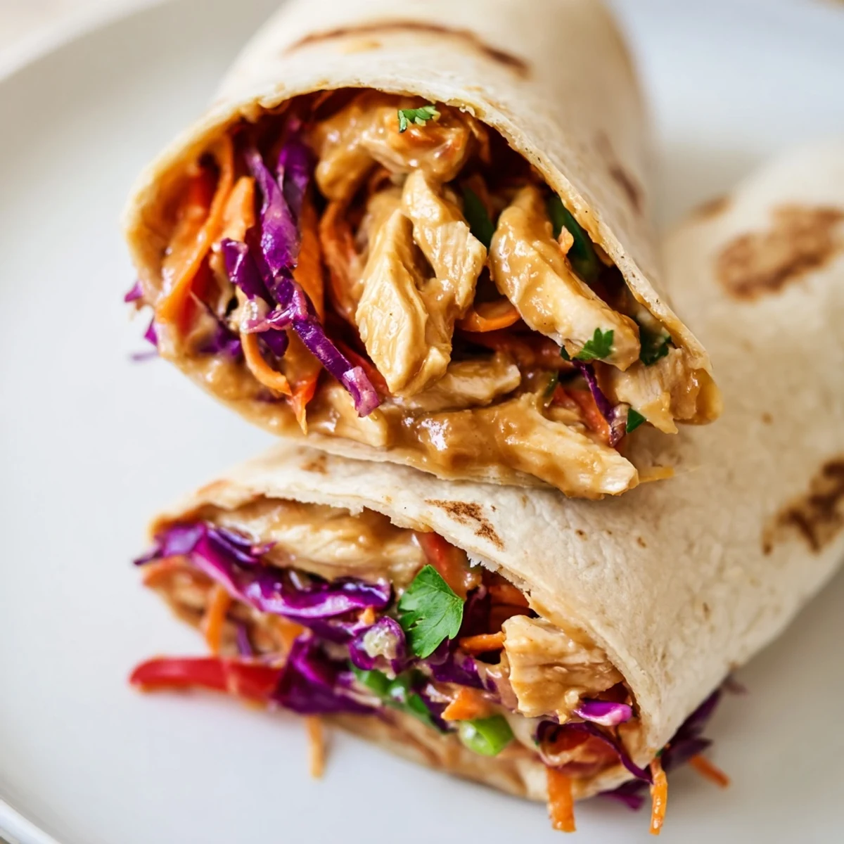 Hand-held Thai peanut chicken wrap showcasing vibrant red pepper cilantro and savory peanut sauce for easy lunch or dinner