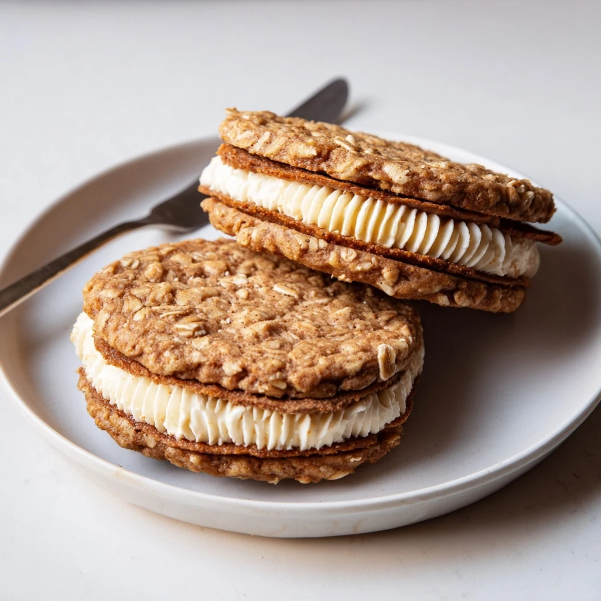 Gluten Free Oatmeal Creme Pies with golden edges, soft centers, creamy vanilla filling.