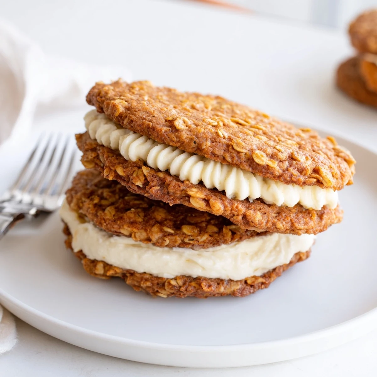 A stack of Gluten Free Oatmeal Creme Pies beside a frothy glass of milk.
