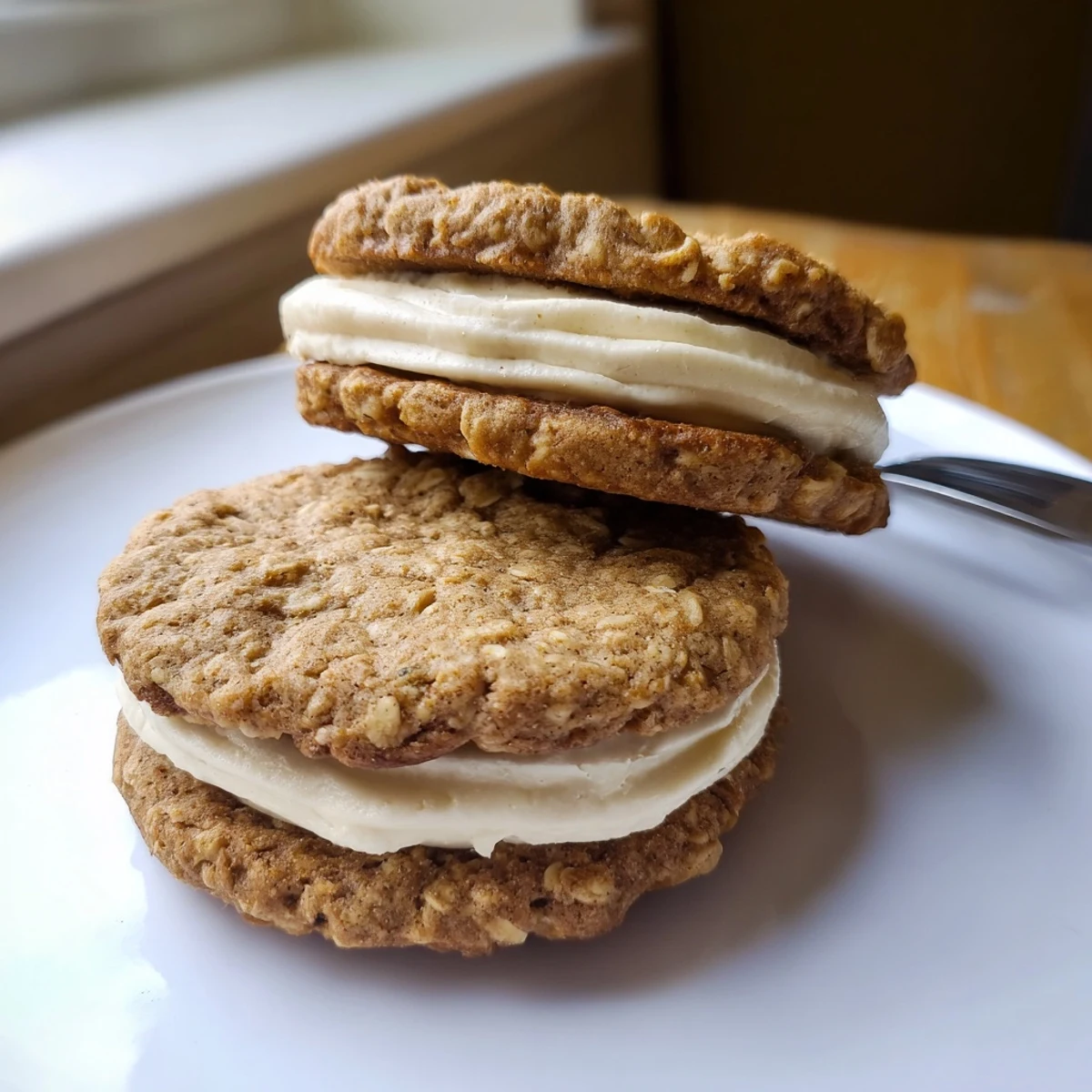 Warm-from-oven Gluten Free Oatmeal Creme Pies, chewy oats and hint of cinnamon.