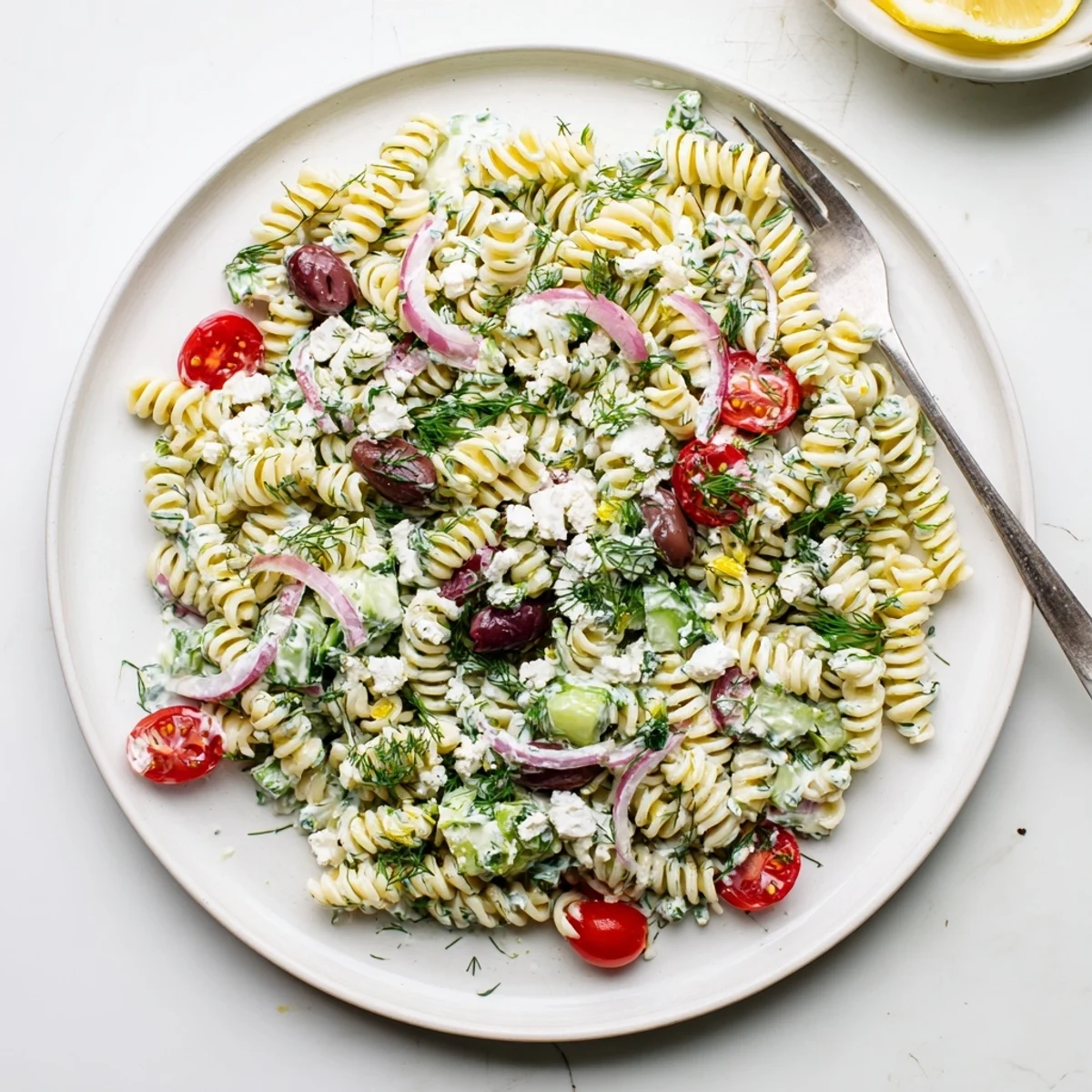 Creamy Tzatziki Pasta Salad Mix with crisp cucumbers and feta, chilled.