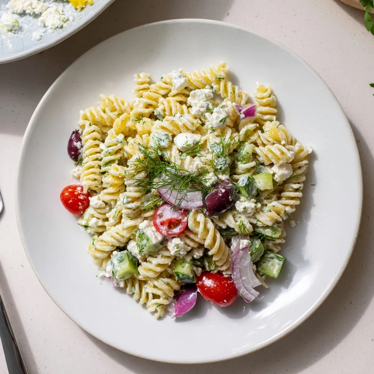 Bowl of Tzatziki Pasta Salad Mix tossed with garlic yogurt dressing and dill.