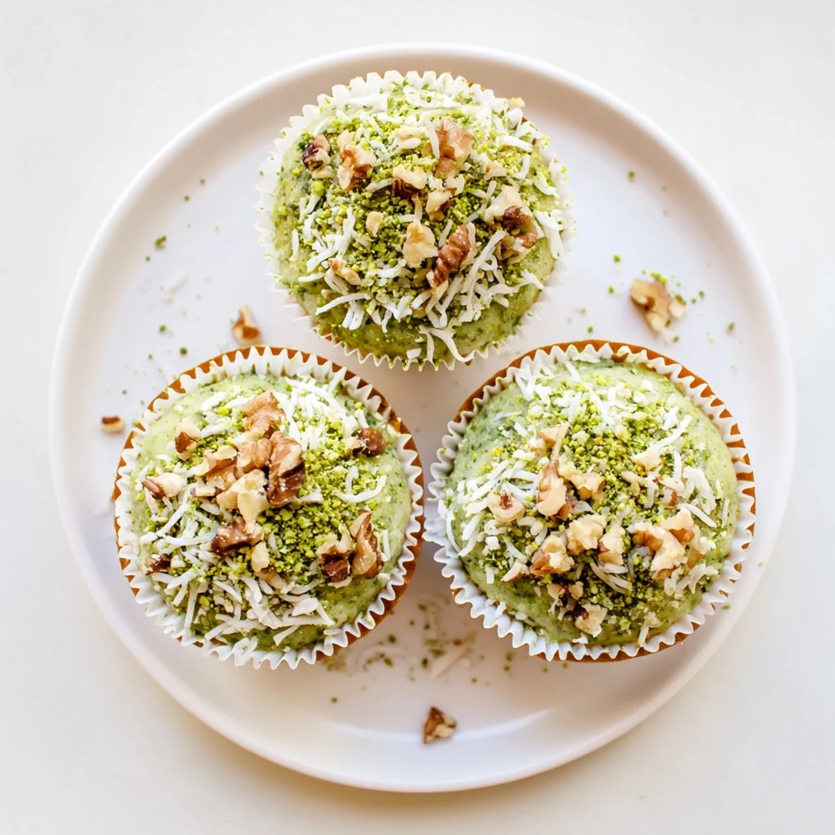 Warm Matcha Banana Coconut Muffins with moist crumb and toasted coconut topping