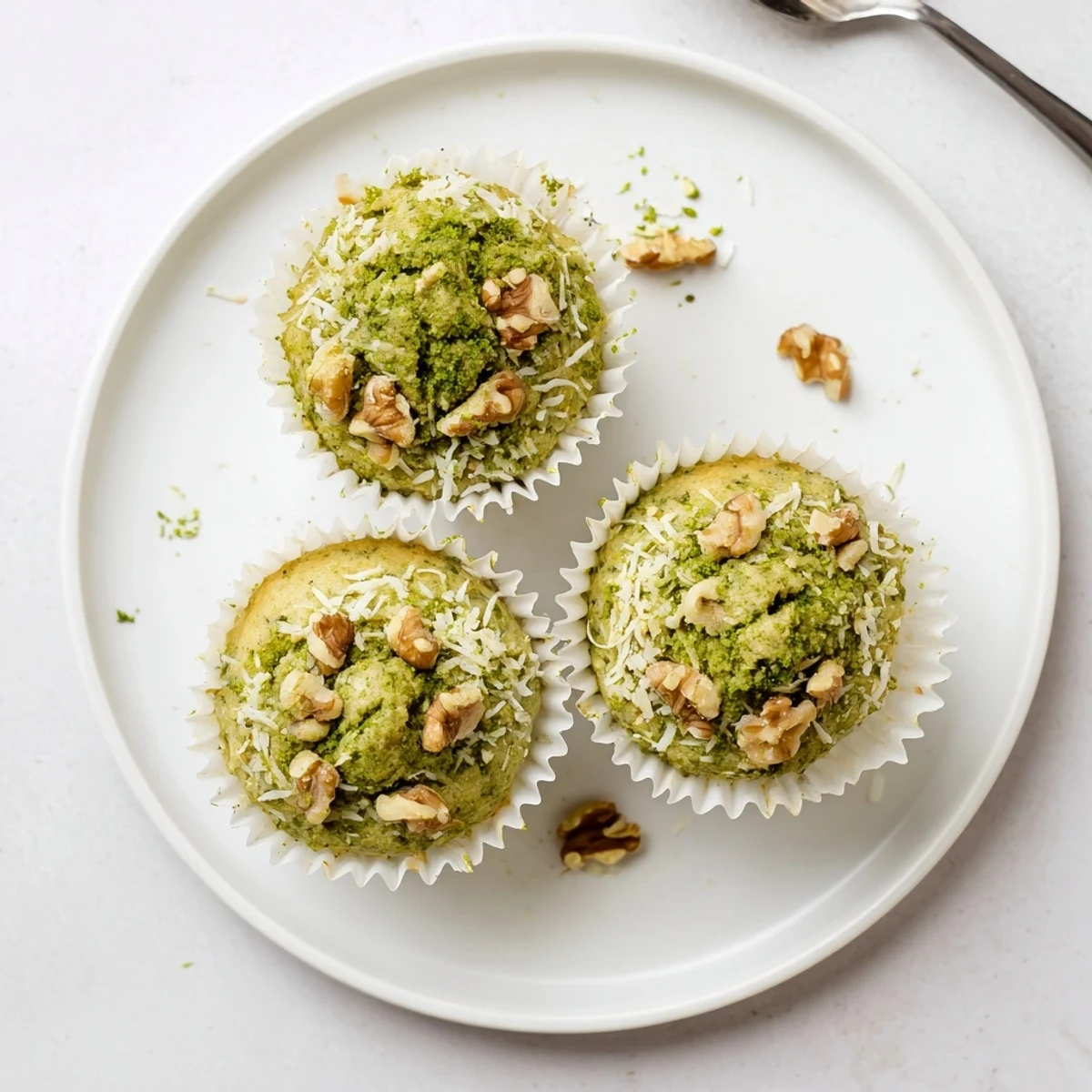 Individual Matcha Banana Coconut Muffins served slightly warm with coconut yogurt