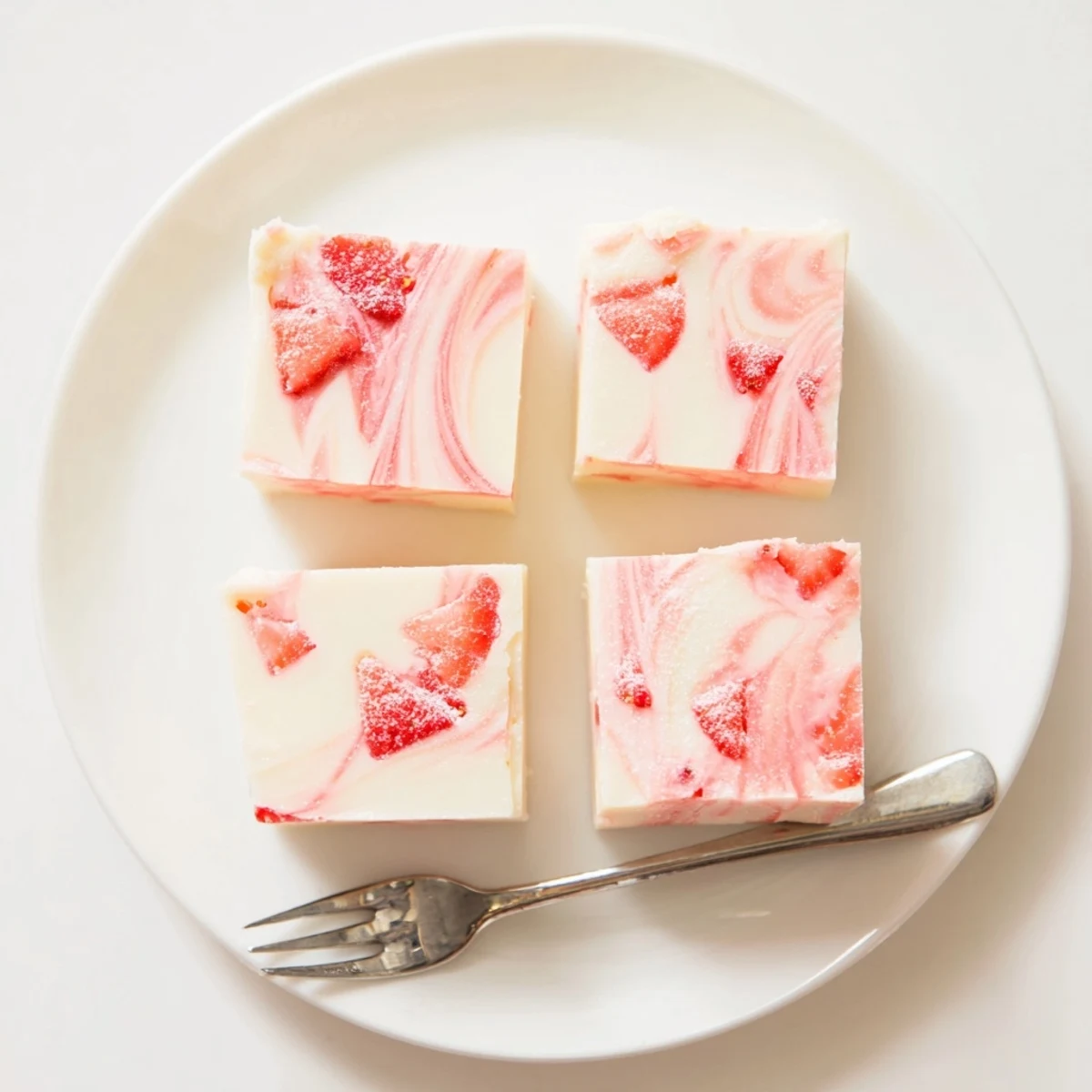 Chilled slices of Strawberries Cream Fudge Delight, glossy swirls and fresh strawberry aroma