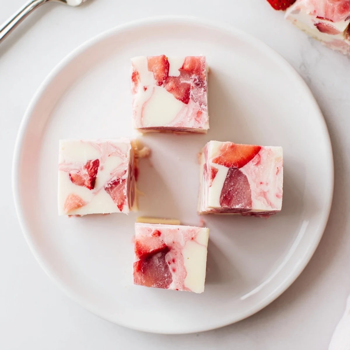 Plated Strawberries Cream Fudge Delight squares with cream cheese ribbons and juicy berry garnish