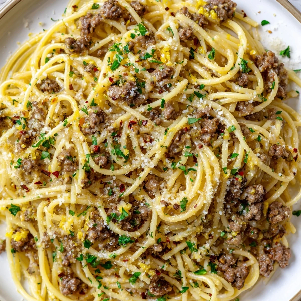 Garlic Butter Pasta With Ground Beef plated with fresh parsley and melted Parmesan cheese