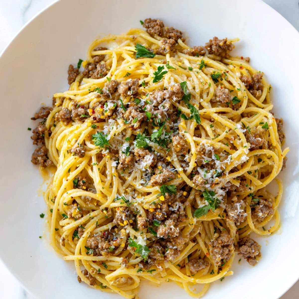 Steaming bowl of Garlic Butter Pasta With Ground Beef coated in rich buttery sauce