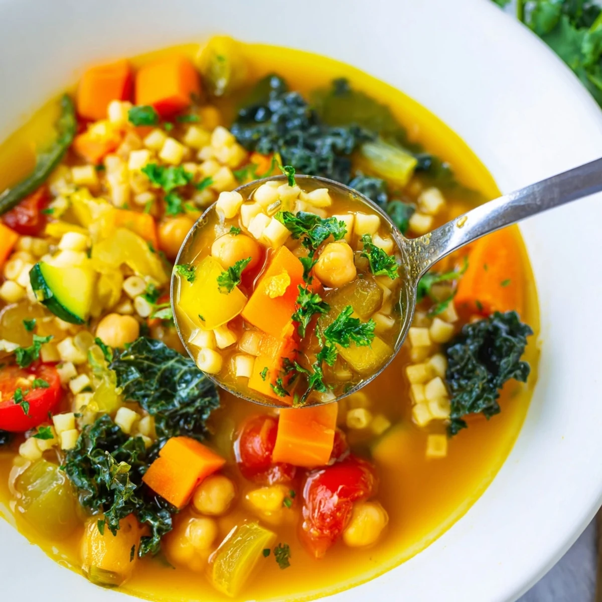 Steaming bowl of Vegan Italian Penicillin Soup brimming with colorful vegetables and tender pasta
