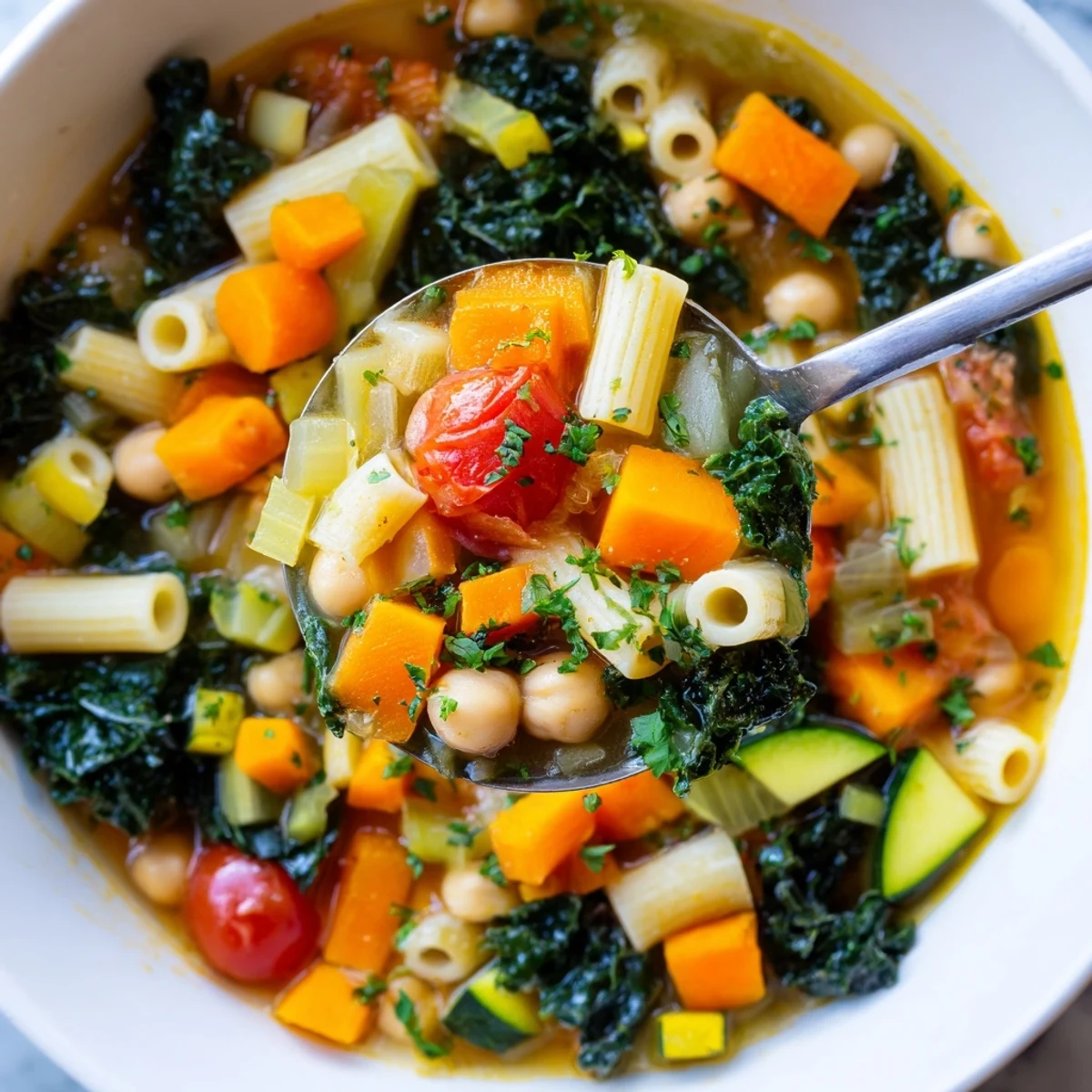 Vegan Italian Penicillin Soup ladled into a rustic mug with fresh parsley and crusty bread
