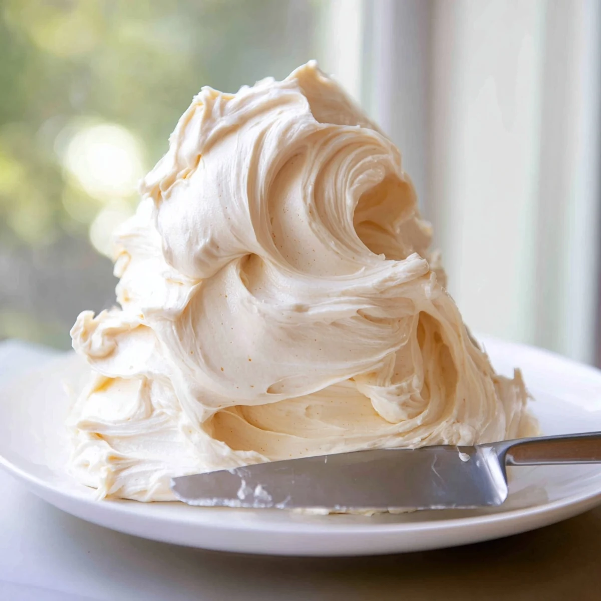 Creamy Italian Meringue Buttercream swirled atop a golden layer cake with vanilla bean flecks