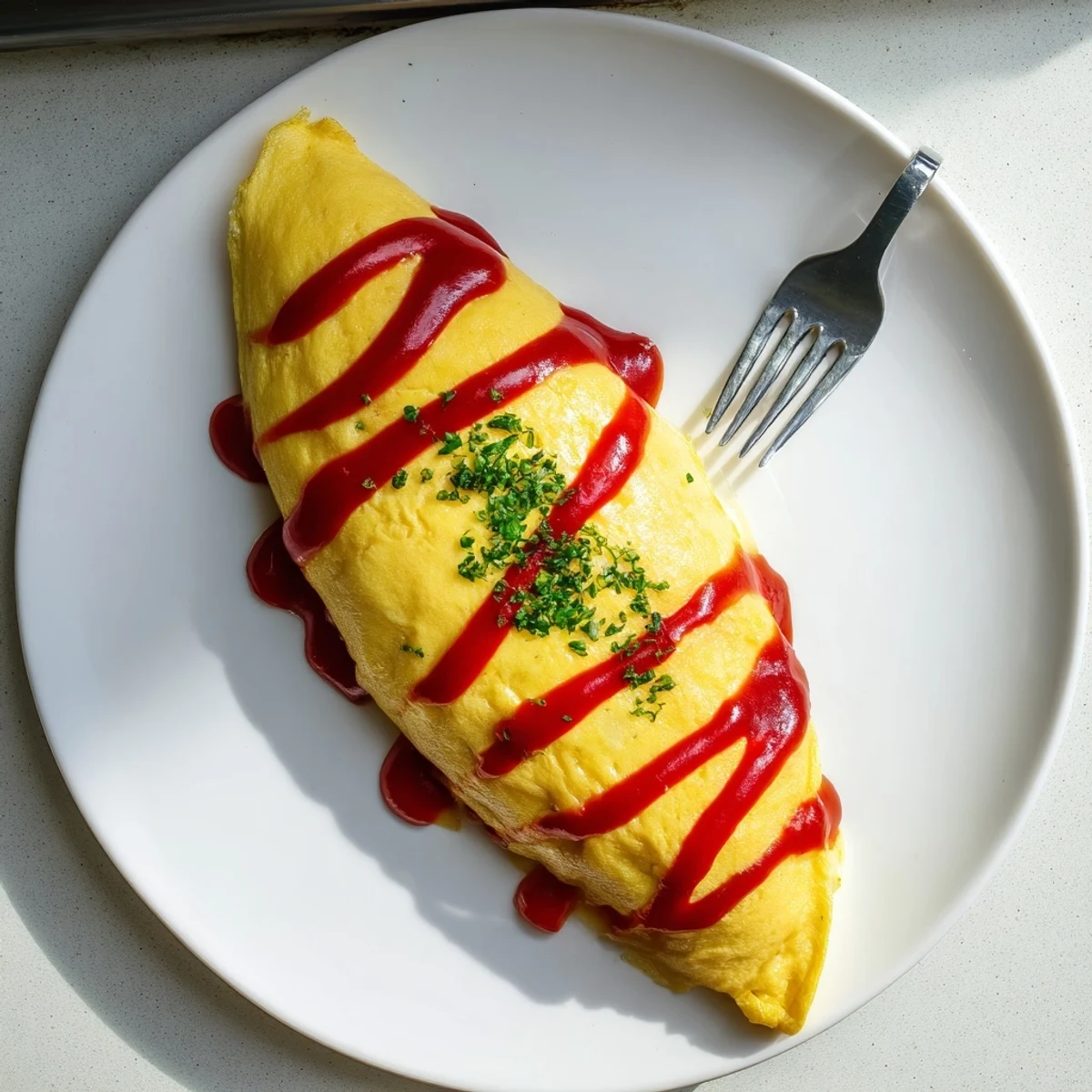 Golden omurice with ketchup drizzle over fluffy fried rice wrapped in tender omelette