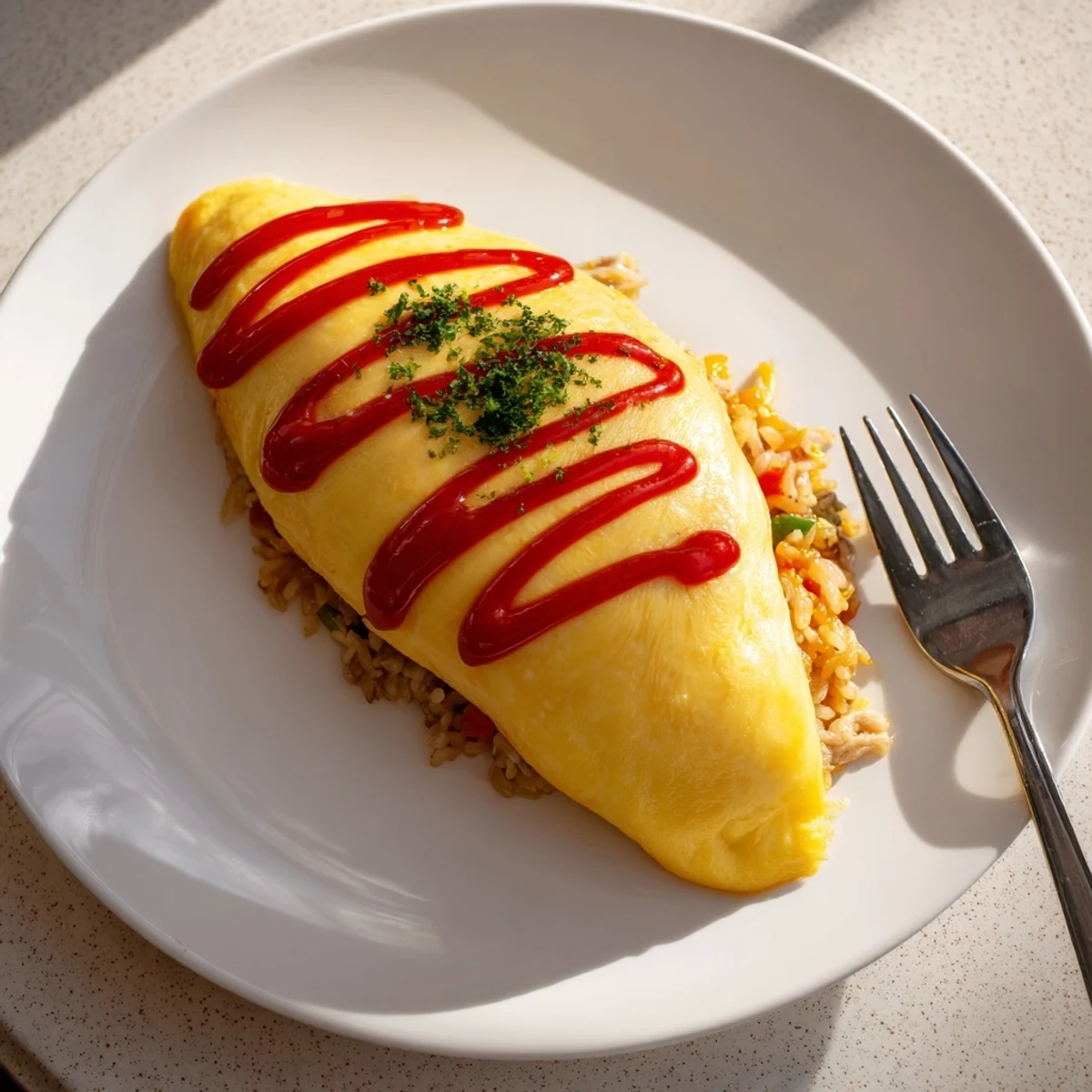 Steaming omurice garnished with fresh parsley and bright ketchup on a comforting bed of fried rice