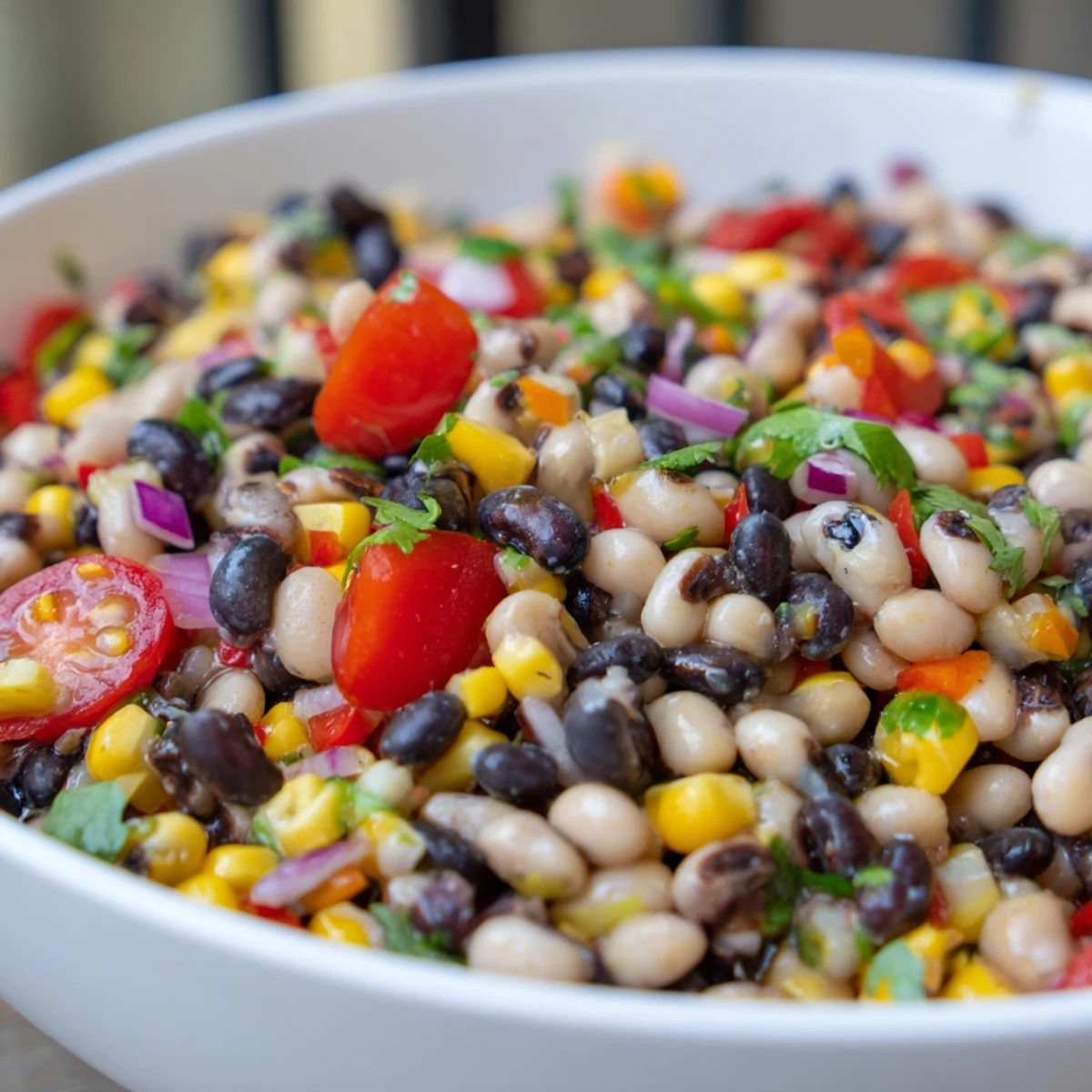 A vibrant cowboy caviar recipe served in a rustic bowl with tortilla chips