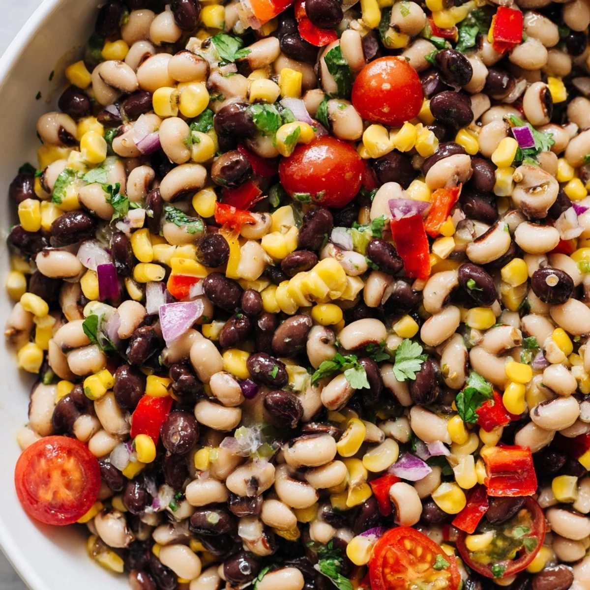 Fresh cowboy caviar recipe garnished with cilantro and lime on a sunny patio table