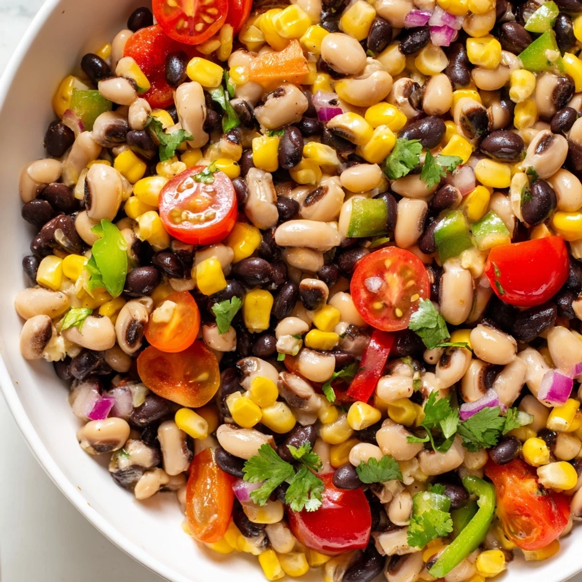 Colorful close-up of cowboy caviar recipe featuring black beans corn and diced peppers