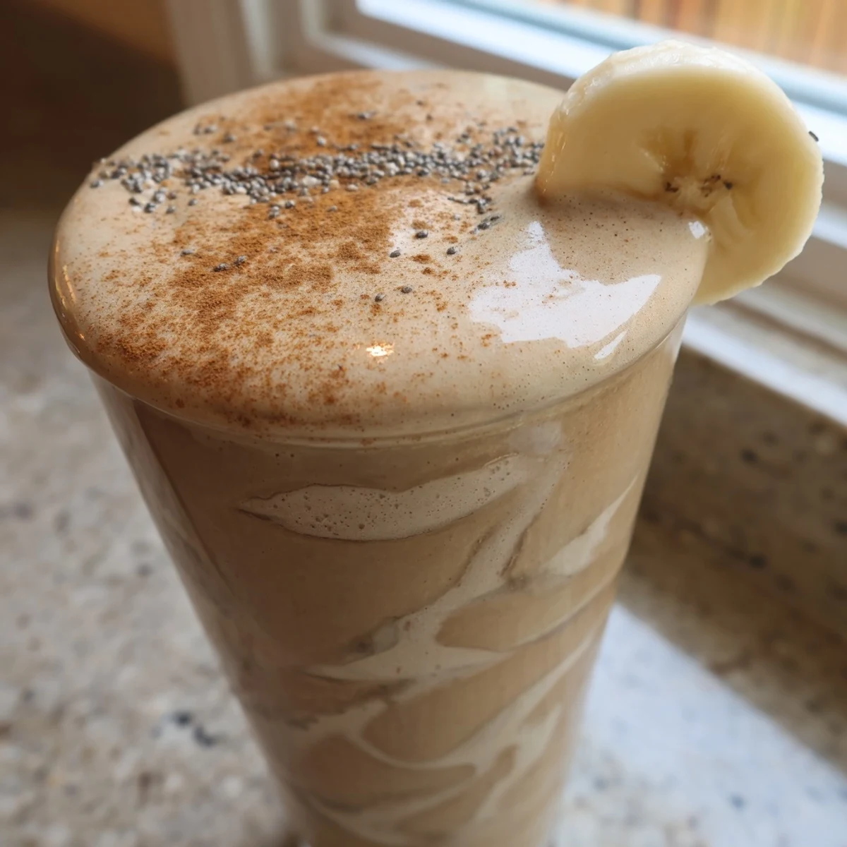 Creamy banana protein coffee smoothie topped with cinnamon in a tall glass
