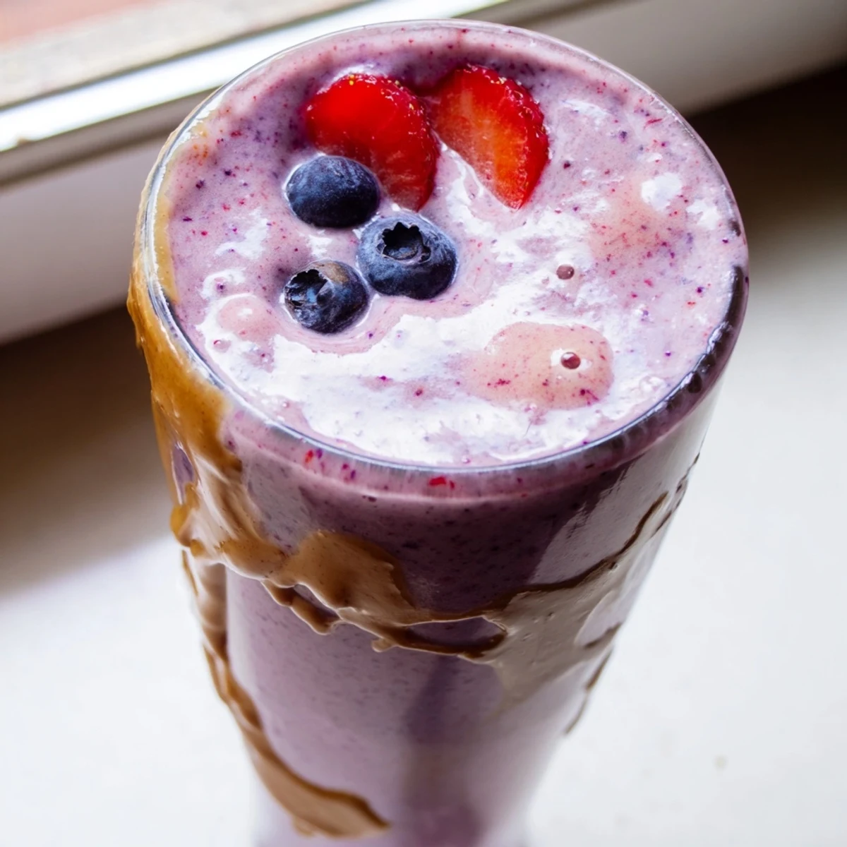 Thick purple peanut butter berry smoothie poured into a glass topped with fresh strawberries