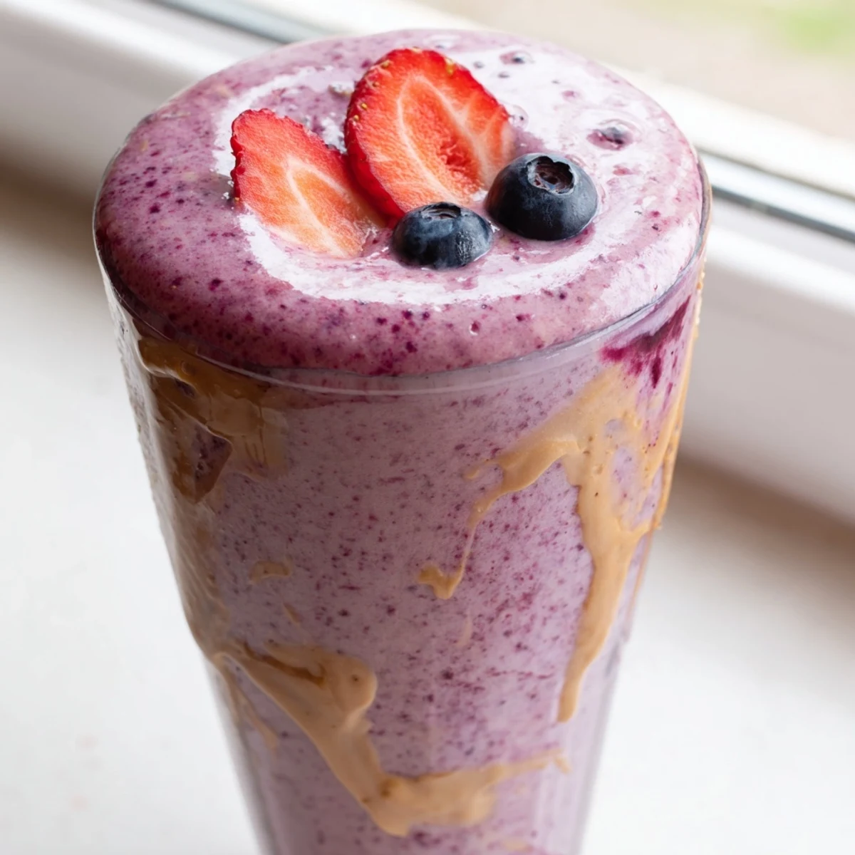 Creamy peanut butter berry smoothie garnished with whole berries and a swirled drizzle