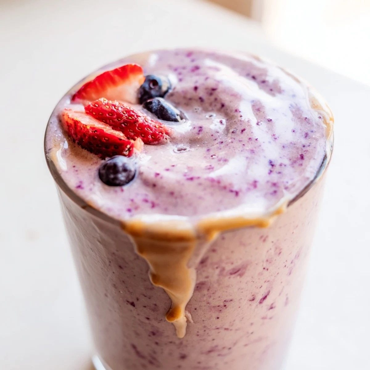 Chilled peanut butter berry smoothie in a mason jar beside scattered blueberries and raspberries