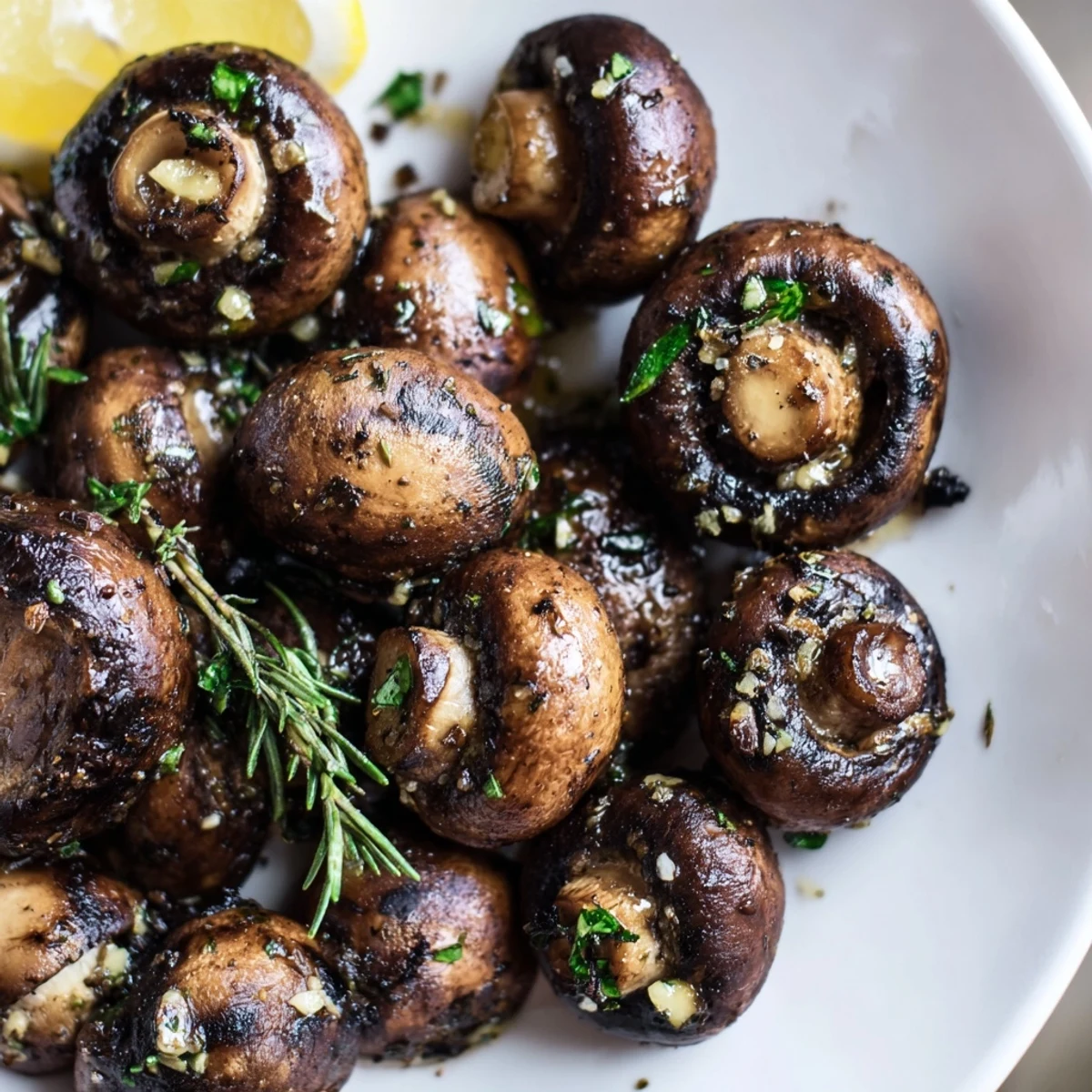 Golden sautéed grilled garlic mushrooms glistening with butter and fresh parsley on a rustic plate.